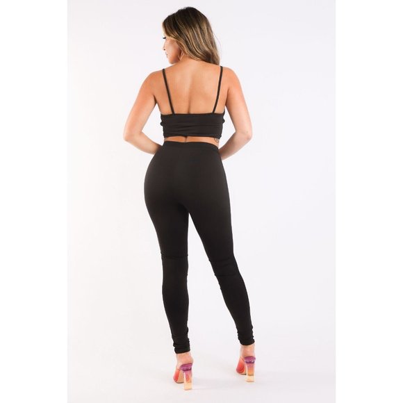 Women's Front Mesh Contrast Sets Casual Sports Strappy Sleeve Top and Leggings - Picture 9 of 12